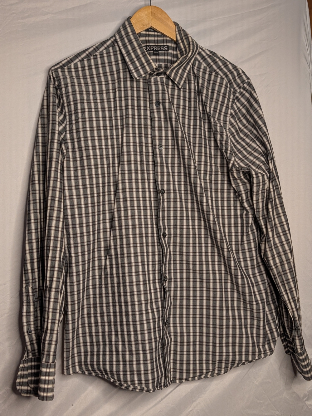 Express Men's Black and White Plaid Dress Shirt